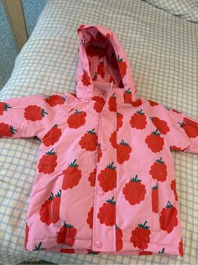 Kids Pink Hooded Puffer Jacket with Red Berry Print